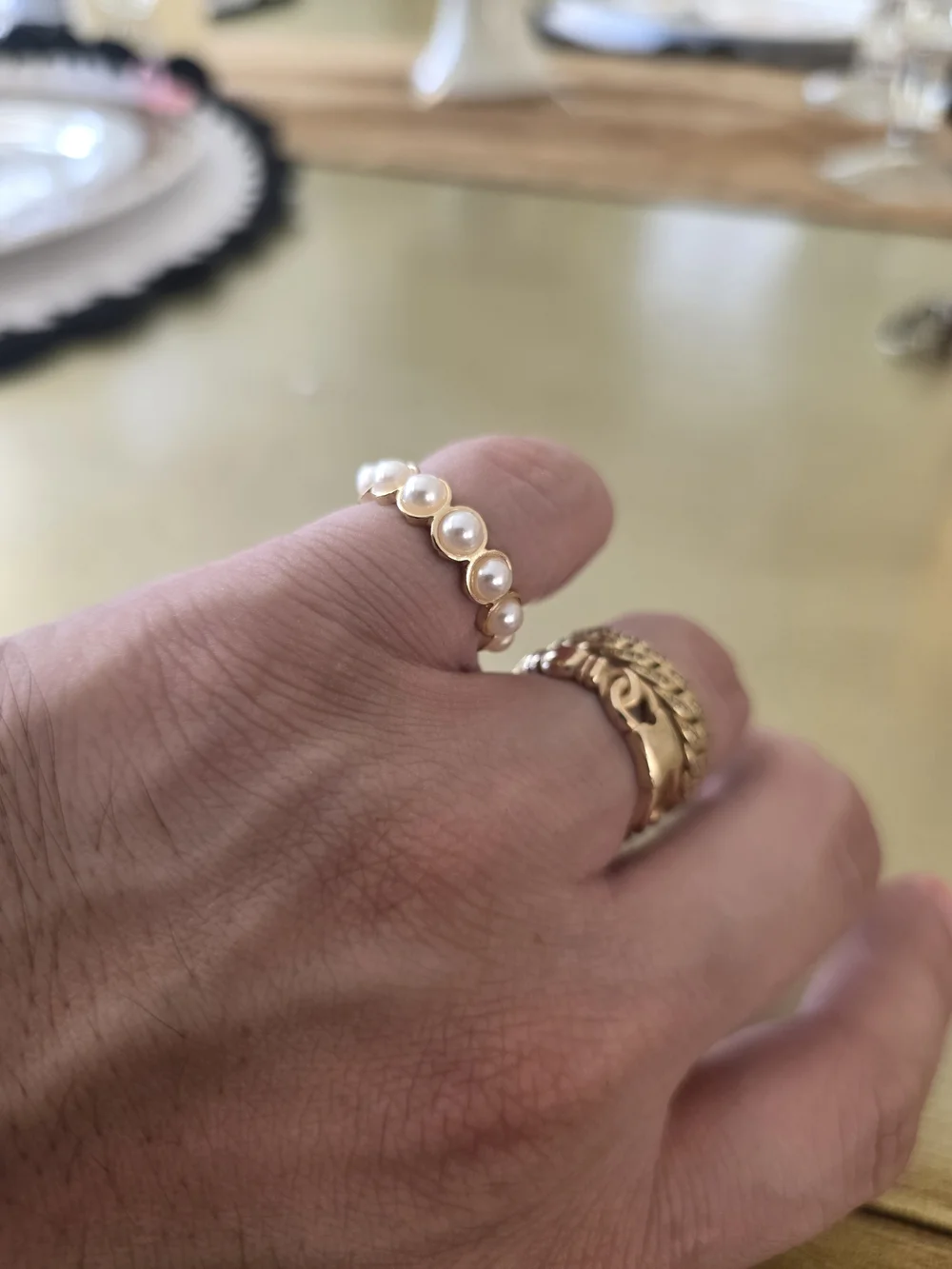 Ring Gold Band with White Pearl Accents